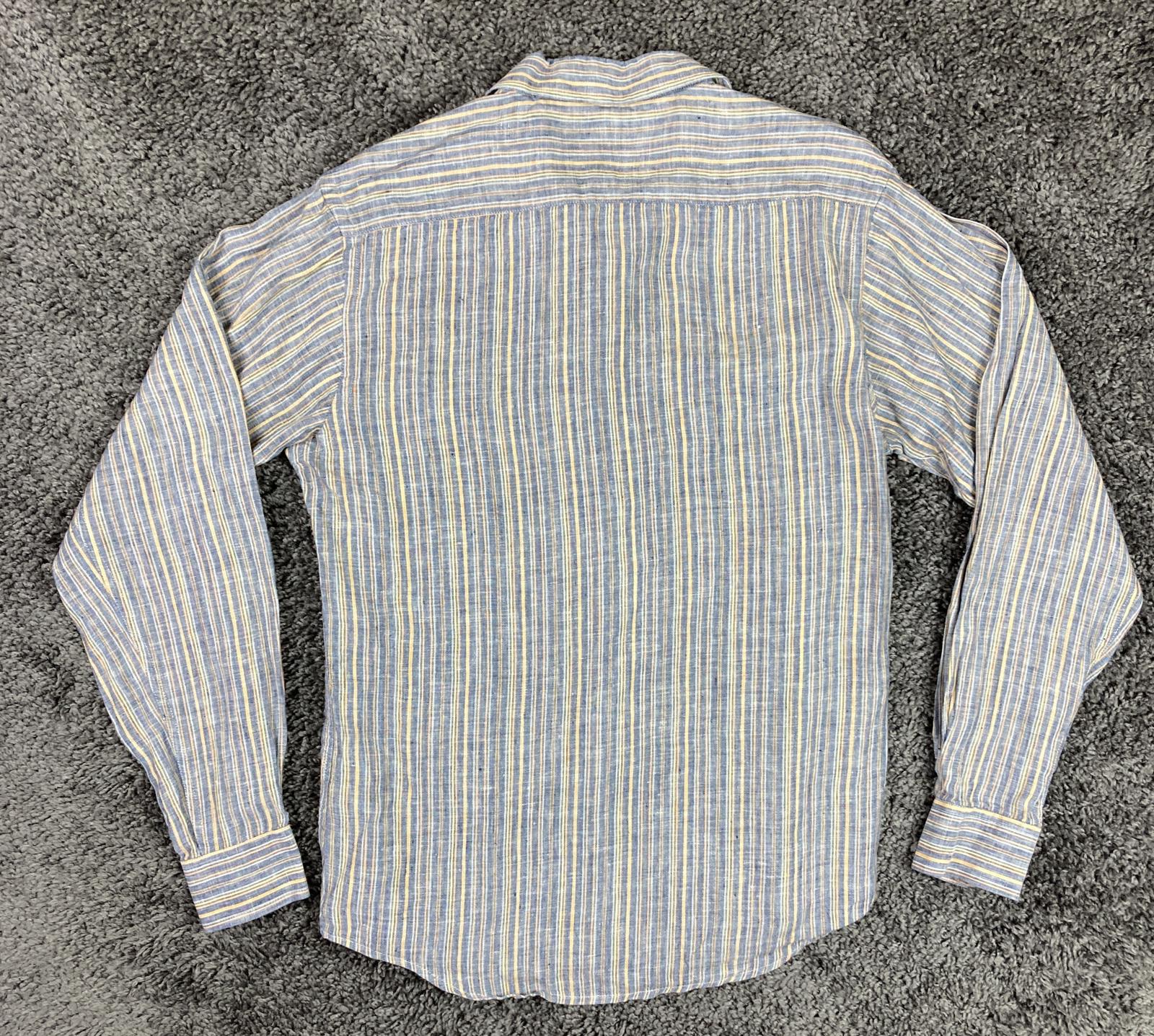 Fabindia Mens 100% Linen Shirt Blue Yellow Striped Long Sleeve Fitted Sz 40 L