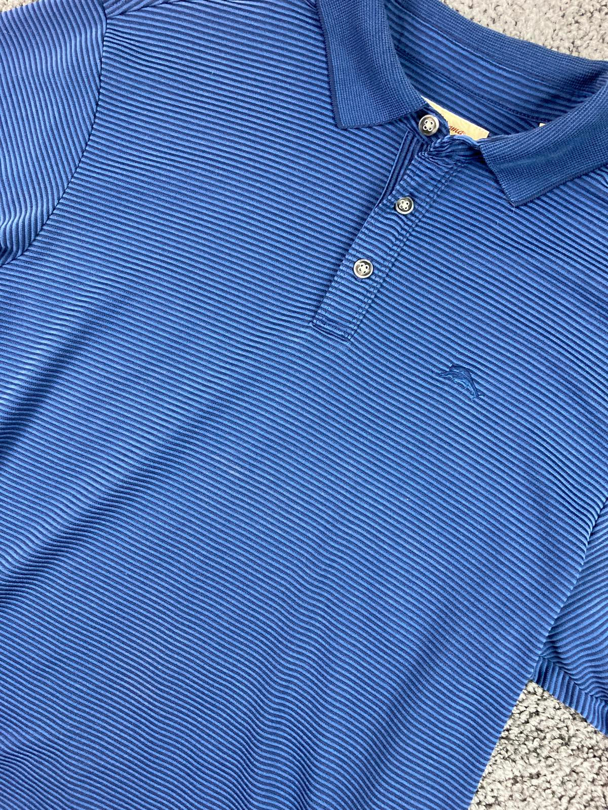 Tommy Bahama Polo Shirt Blue Stripe Mini Corduroy Knit Long Sleeve Men’s Medium