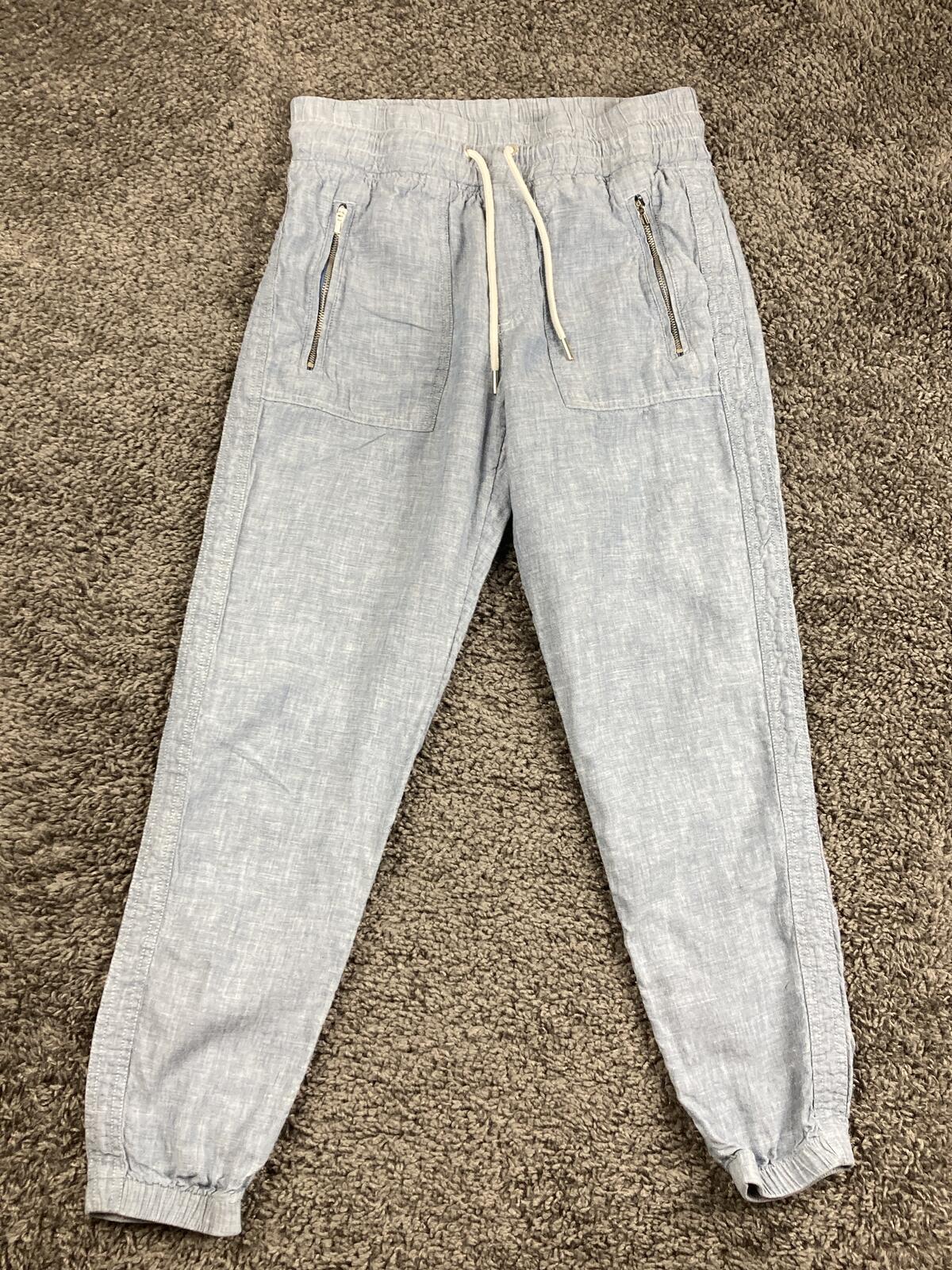 Athleta Cabo 100% Linen Jogger Pants Womens Blue Drawstring Zip Pockets Size 2