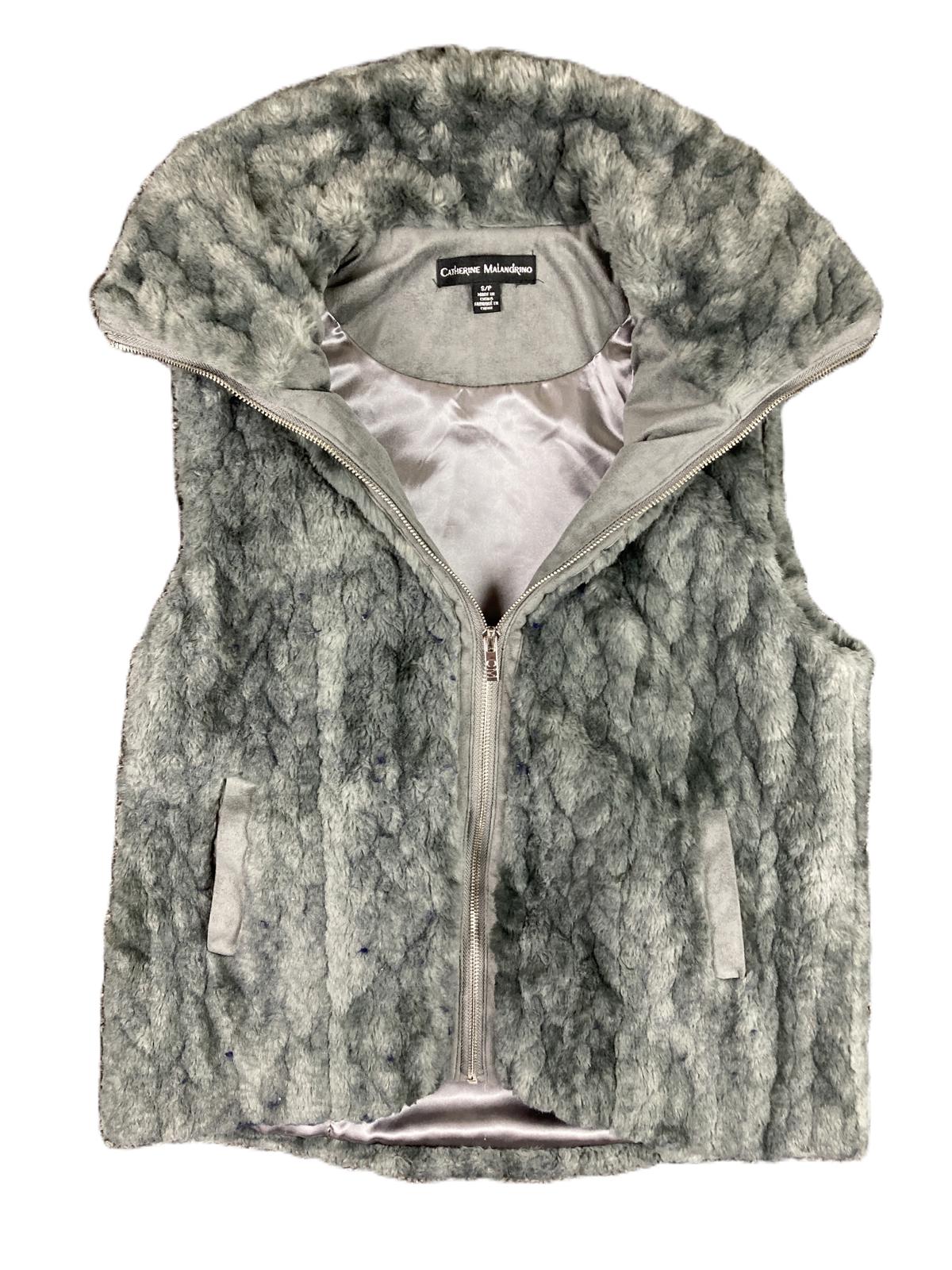 Catherine Malandrino Grey Faux Fur Vest Mock Neck Zip Plush Gilet Soft Sz S/P