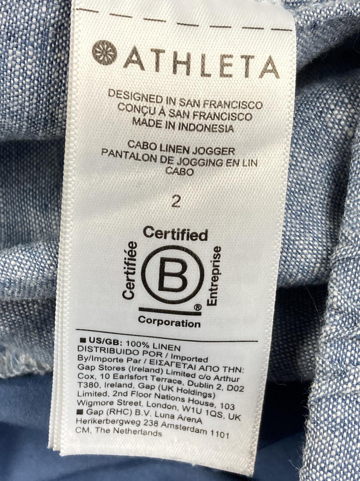 Athleta Cabo 100% Linen Jogger Pants Womens Blue Drawstring Zip Pockets Size 2