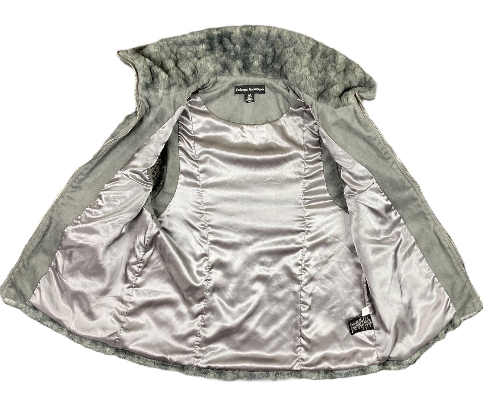 Catherine Malandrino Grey Faux Fur Vest Mock Neck Zip Plush Gilet Soft Sz S/P