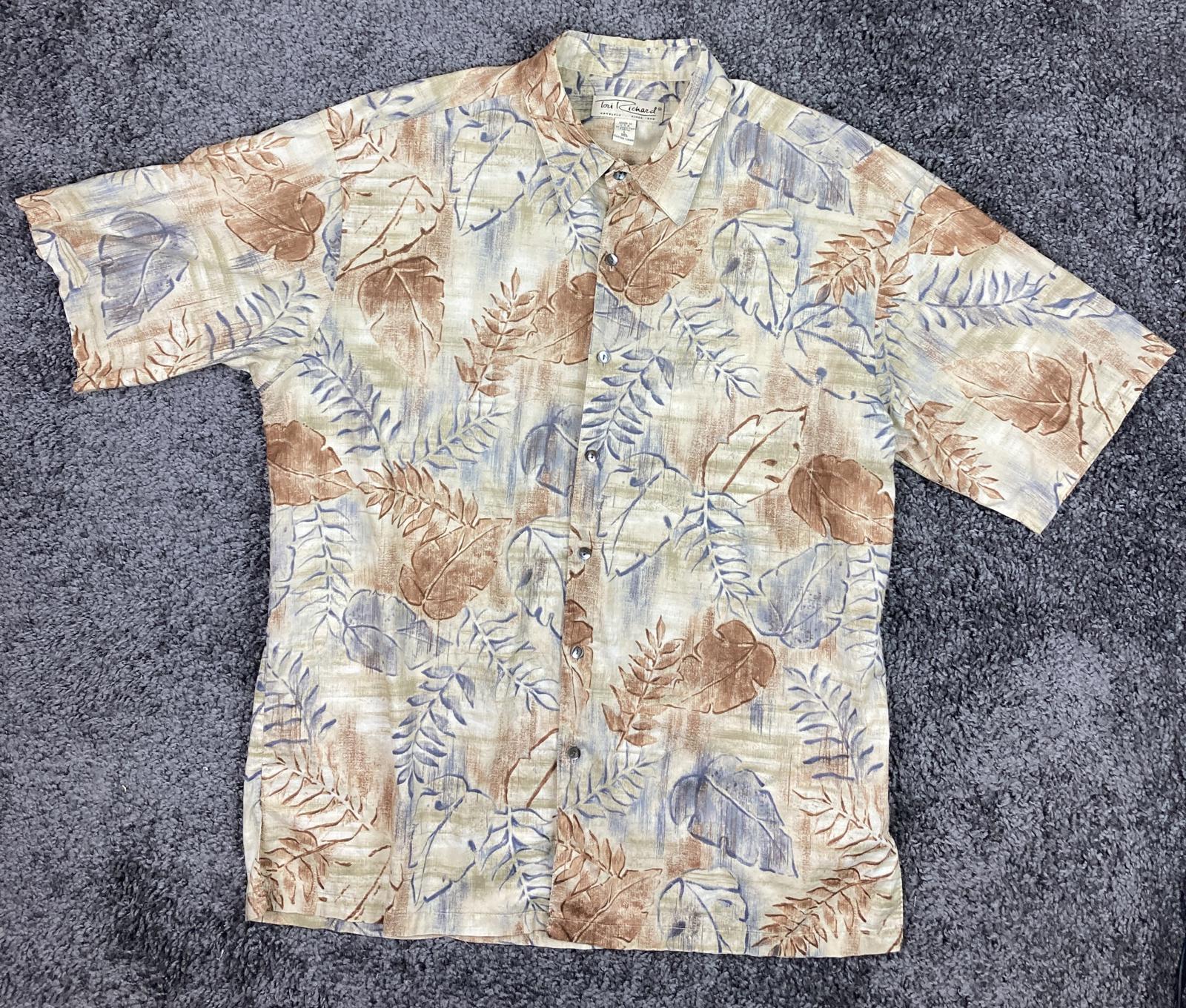 Tori Richard Honolulu Men's Shirt Cotton Hawaiian  Size L Beige Blue Brown Leaf