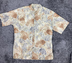 Tori Richard Honolulu Men's Shirt Cotton Hawaiian  Size L Beige Blue Brown Leaf
