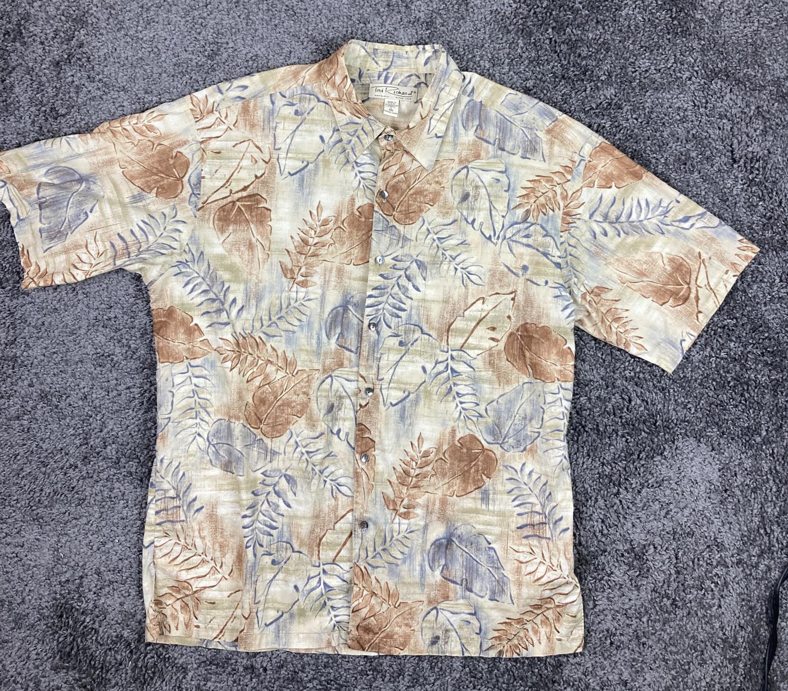 Tori Richard Honolulu Men's Shirt Cotton Hawaiian  Size L Beige Blue Brown Leaf