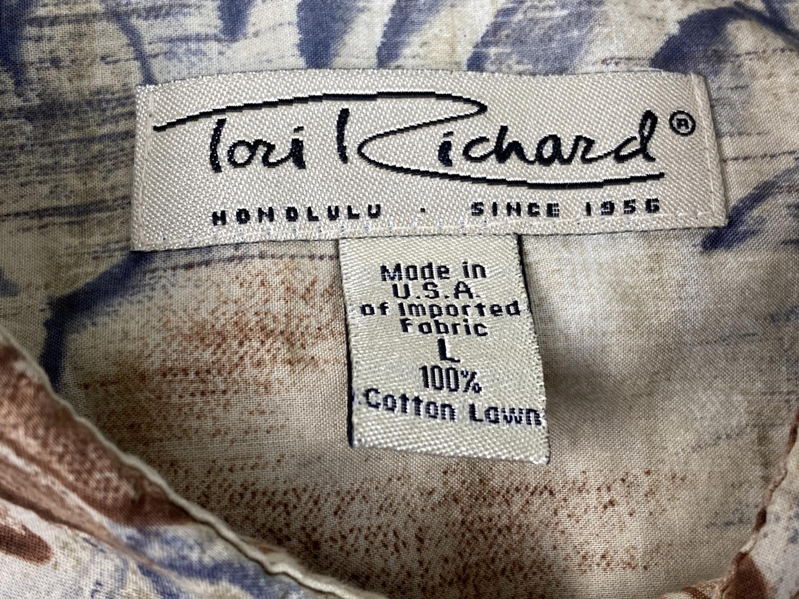 Tori Richard Honolulu Men's Shirt Cotton Hawaiian  Size L Beige Blue Brown Leaf