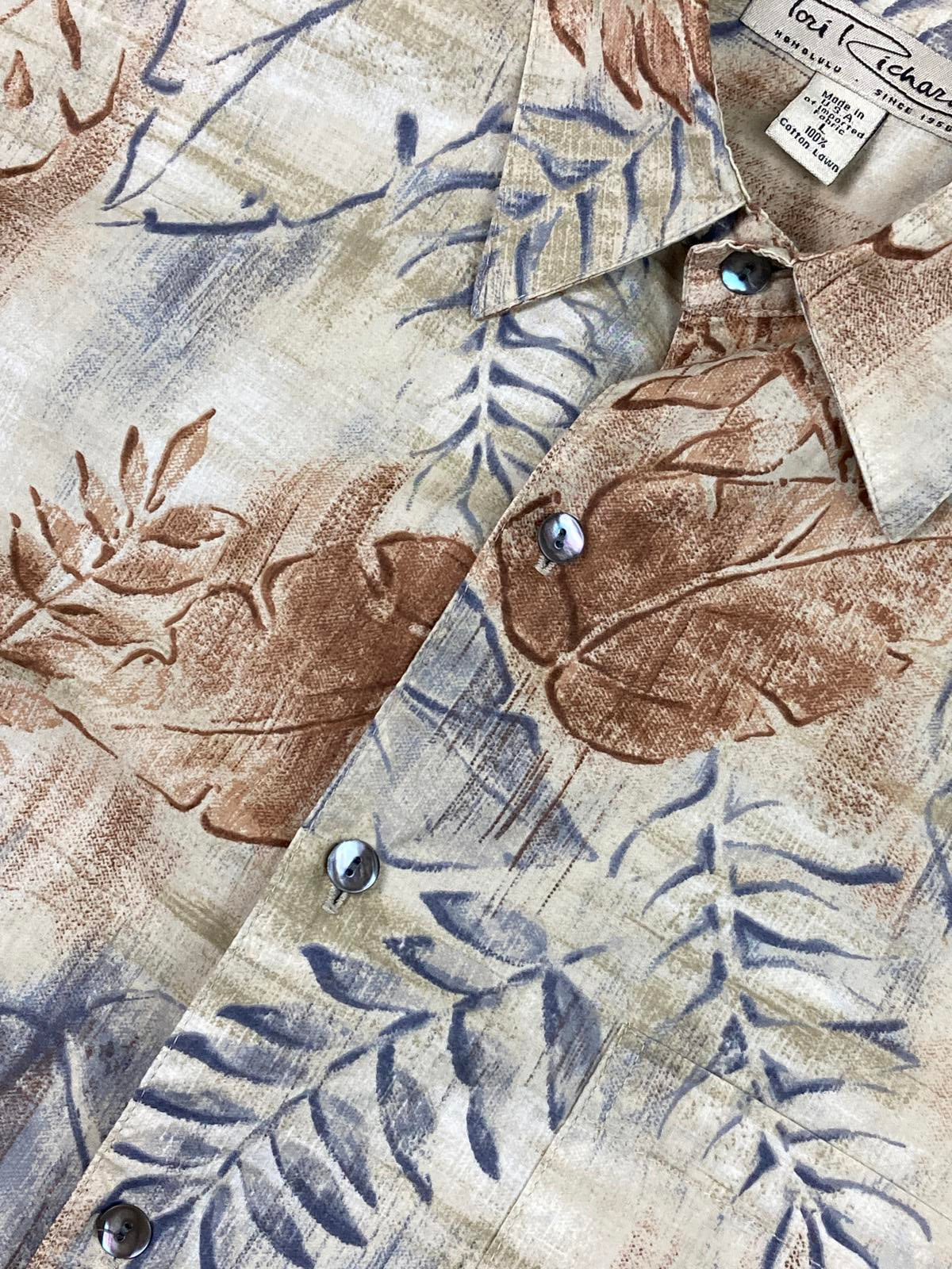 Tori Richard Honolulu Men's Shirt Cotton Hawaiian  Size L Beige Blue Brown Leaf