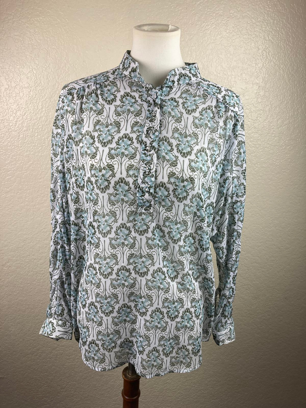 Kut from the Kloth Blouse Floral Split Neck Green Blue White Size Large