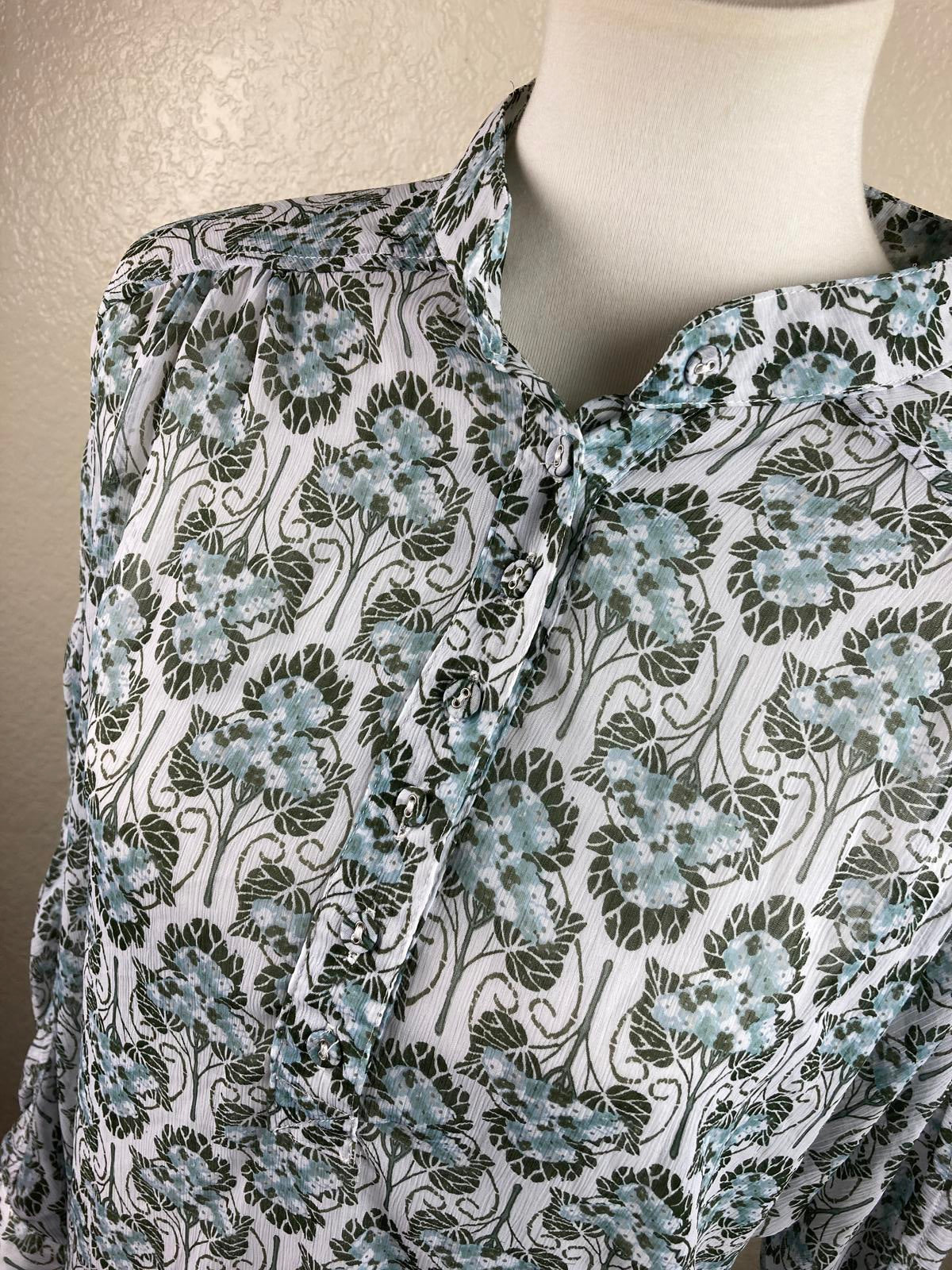 Kut from the Kloth Blouse Floral Split Neck Green Blue White Size Large