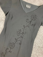 SL Fashions Black Beaded Floral Dress Women Size 6 Approx Asymmetrical Hem