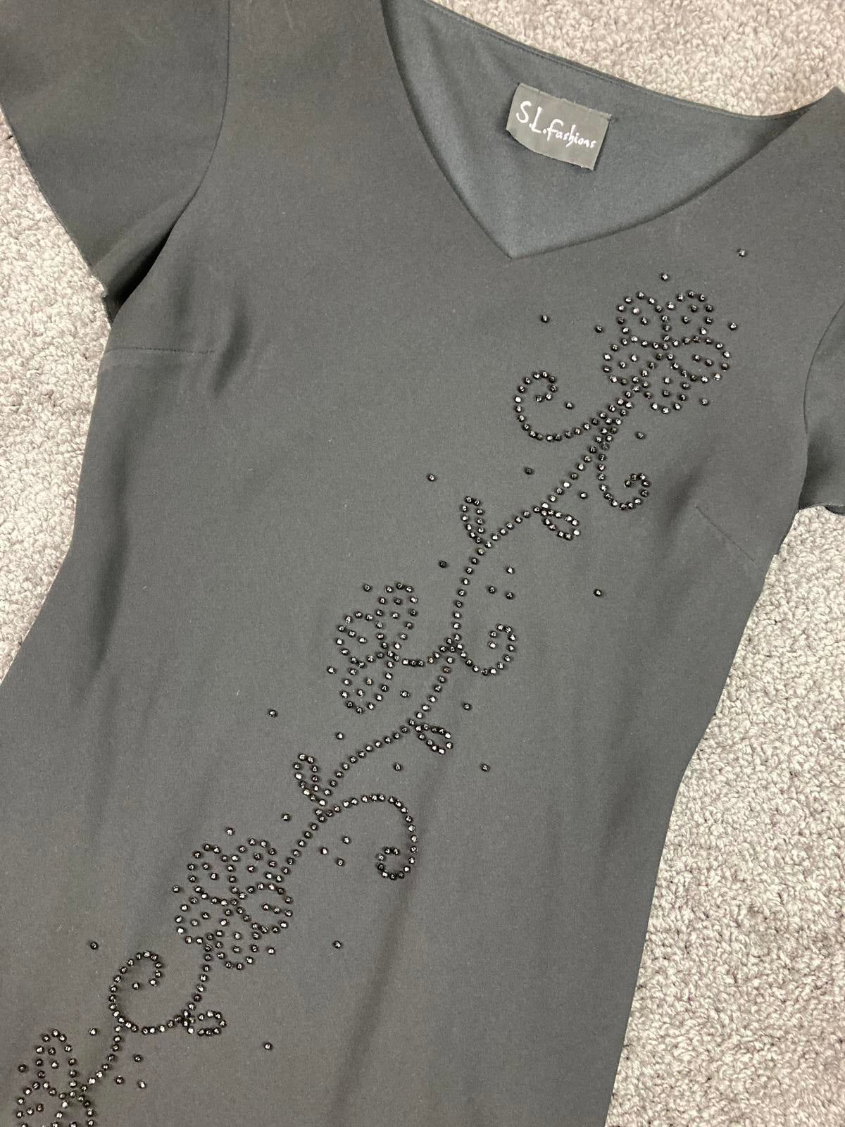 SL Fashions Black Beaded Floral Dress Women Size 6 Approx Asymmetrical Hem