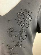 SL Fashions Black Beaded Floral Dress Women Size 6 Approx Asymmetrical Hem