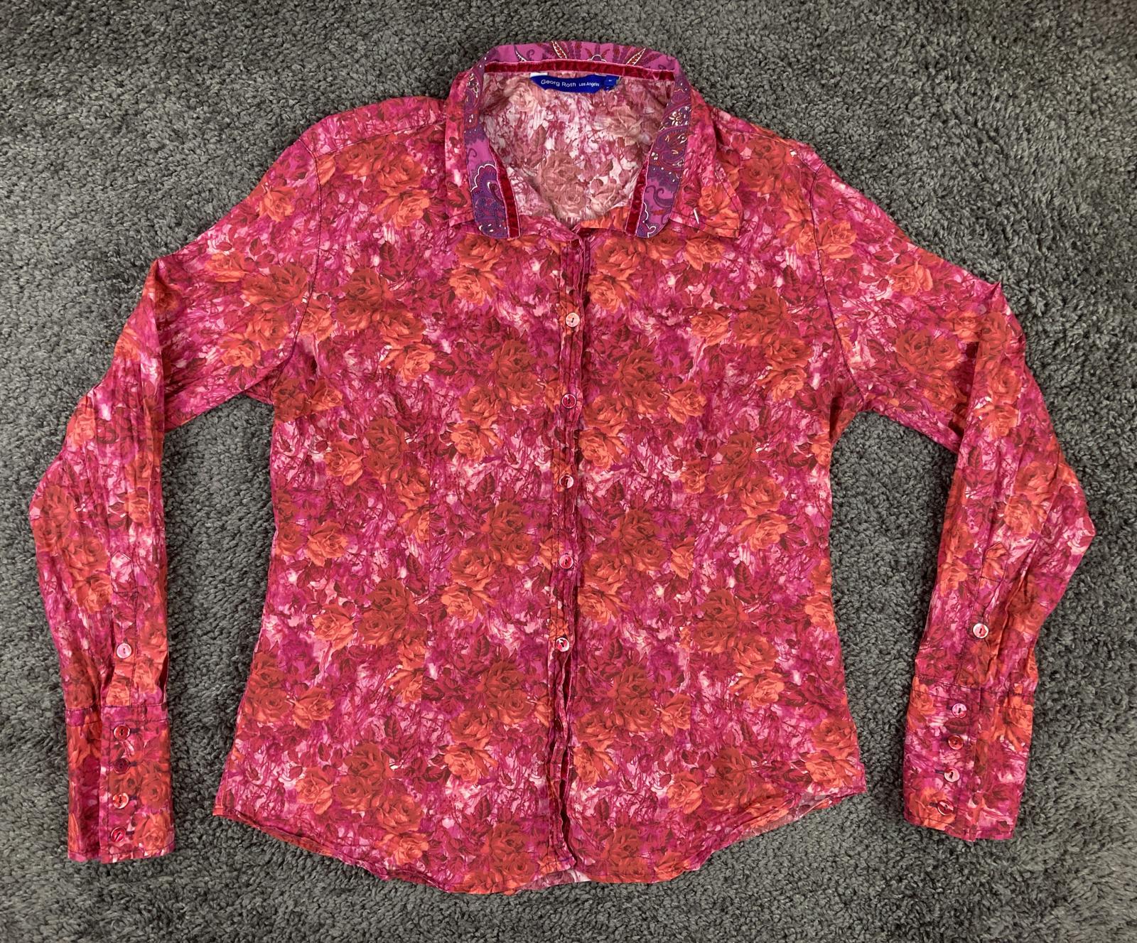 Georg Roth Los Angeles Floral Rose Shirt Women's Pink Cotton Velvet Trim Sz L