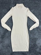 Mistress Rocks Beige Bodycon Mini Dress Mock Neck Ruched Long Sleeve Nude Tan Sm