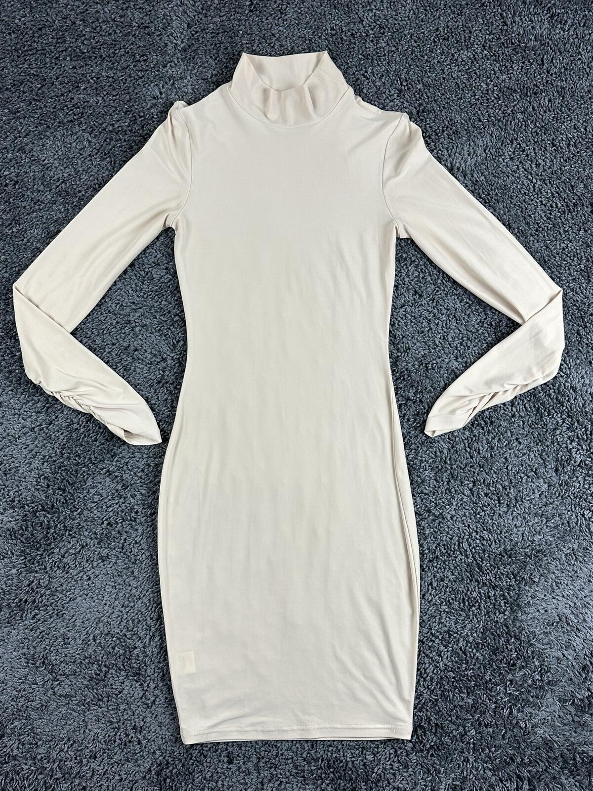 Mistress Rocks Beige Bodycon Mini Dress Mock Neck Ruched Long Sleeve Nude Tan Sm
