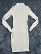 Mistress Rocks Beige Bodycon Mini Dress Mock Neck Ruched Long Sleeve Nude Tan Sm