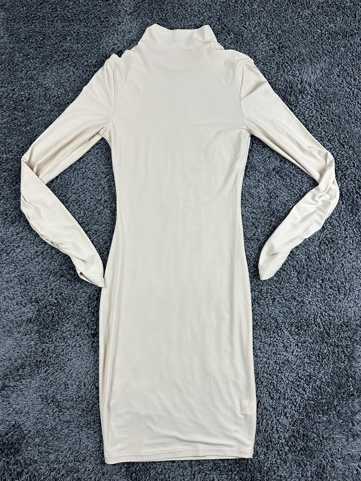 Mistress Rocks Beige Bodycon Mini Dress Mock Neck Ruched Long Sleeve Nude Tan Sm
