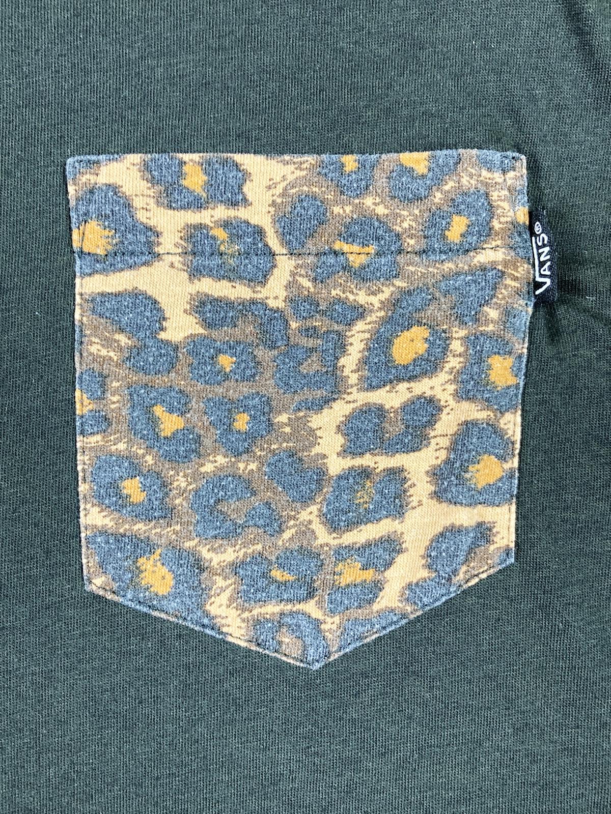 Vans Premium T-Shirt Men's  Olive Green Blue Leopard Print Chest Pocket Sz M