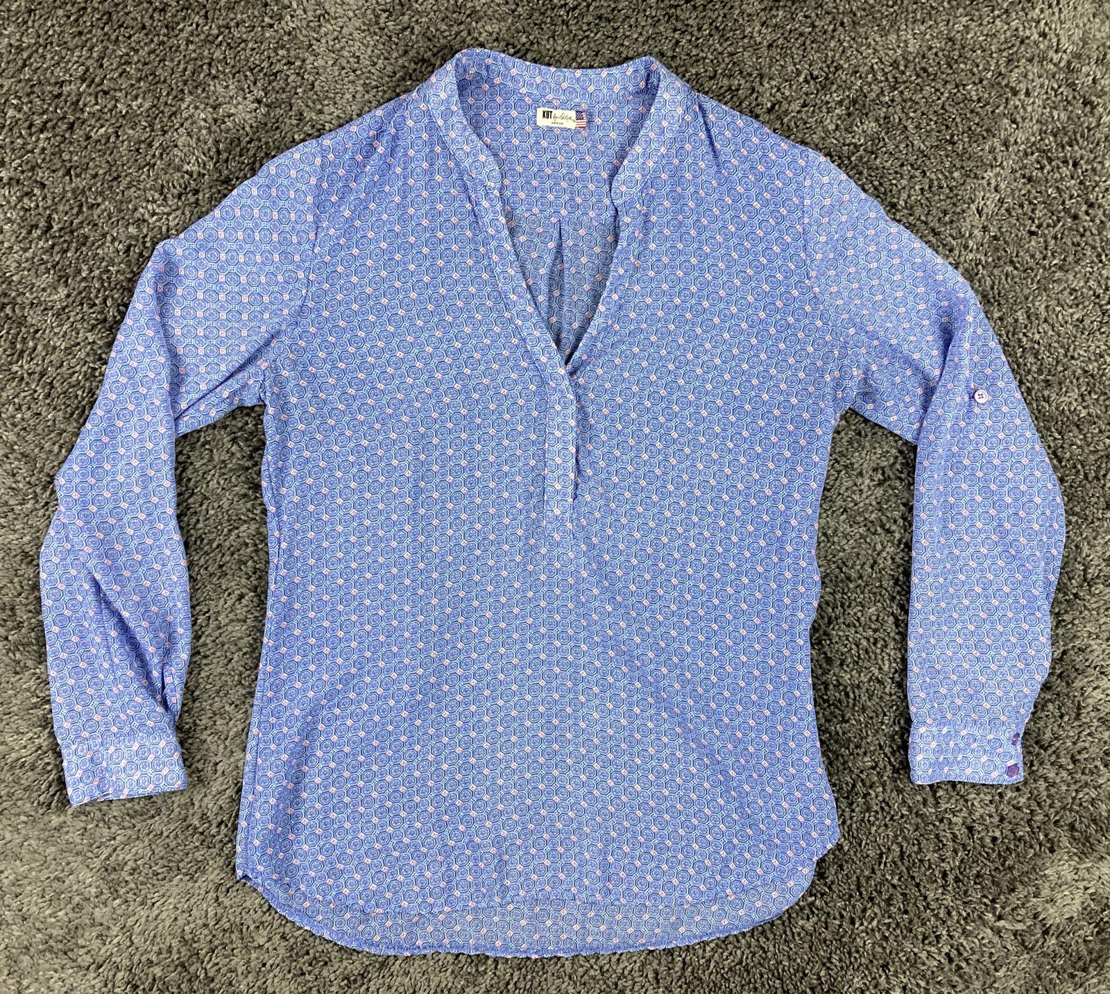 KUT from the Kloth Jasmine Blouse Blue Geometric Medallion Roll Tab Medium