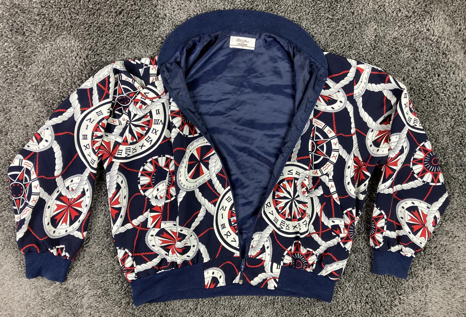 Vtg Lilli Ann for I Magnin Nautical Bomber Jacket Compass Print  Navy Red Sz Lg