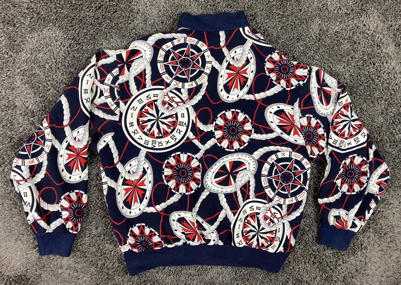 Vtg Lilli Ann for I Magnin Nautical Bomber Jacket Compass Print  Navy Red Sz Lg