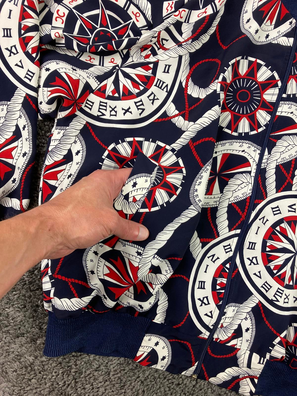 Vtg Lilli Ann for I Magnin Nautical Bomber Jacket Compass Print  Navy Red Sz Lg