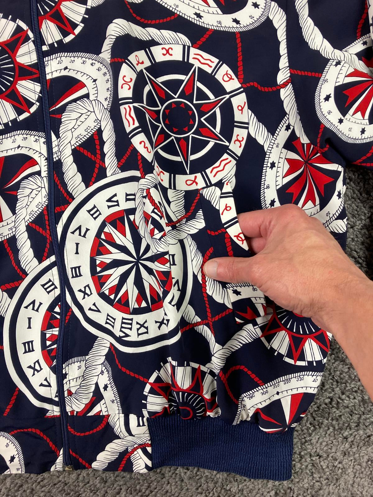 Vtg Lilli Ann for I Magnin Nautical Bomber Jacket Compass Print  Navy Red Sz Lg