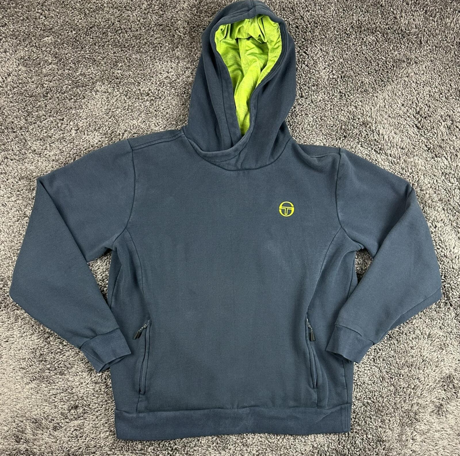 Sergio Tacchini Hoodie Mens Dark Blue Neon Green Fleece Zipper Pockets Sz XL