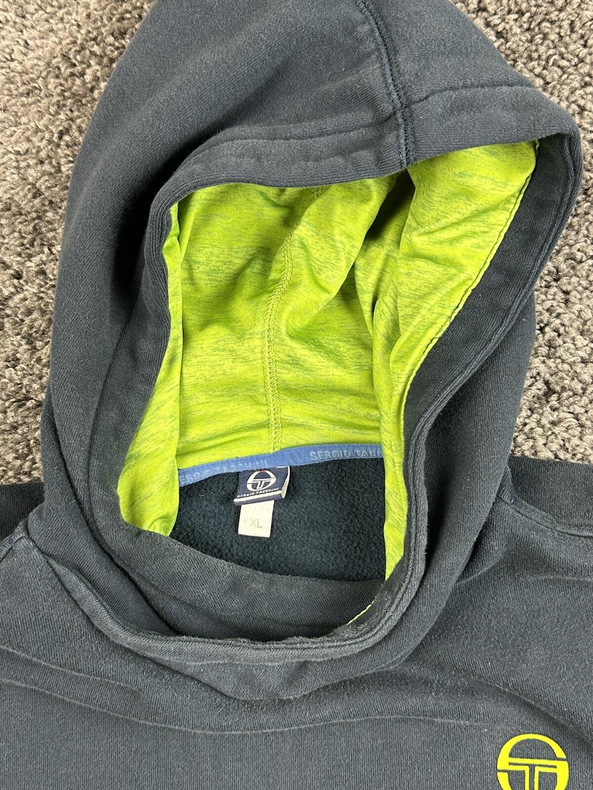 Sergio Tacchini Hoodie Mens Dark Blue Neon Green Fleece Zipper Pockets Sz XL