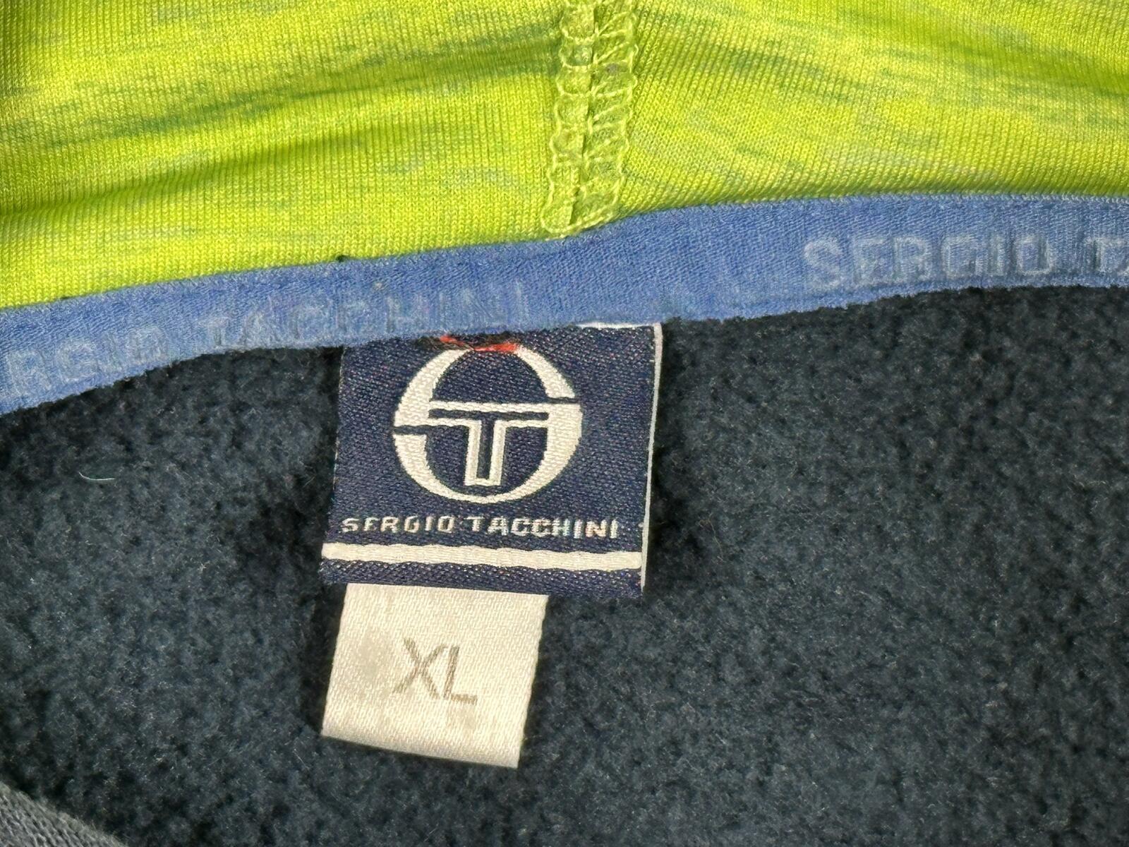 Sergio Tacchini Hoodie Mens Dark Blue Neon Green Fleece Zipper Pockets Sz XL
