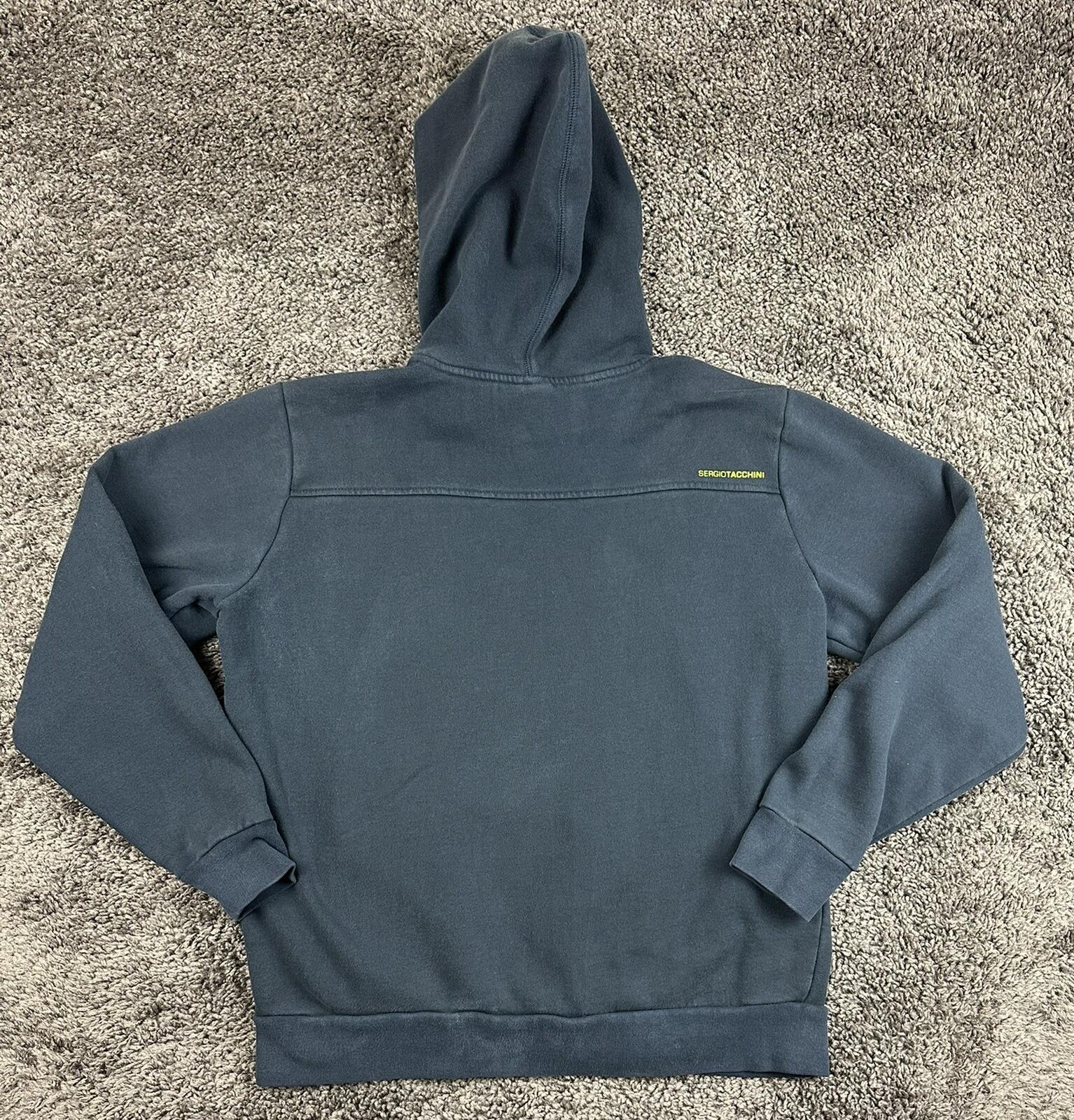 Sergio Tacchini Hoodie Mens Dark Blue Neon Green Fleece Zipper Pockets Sz XL