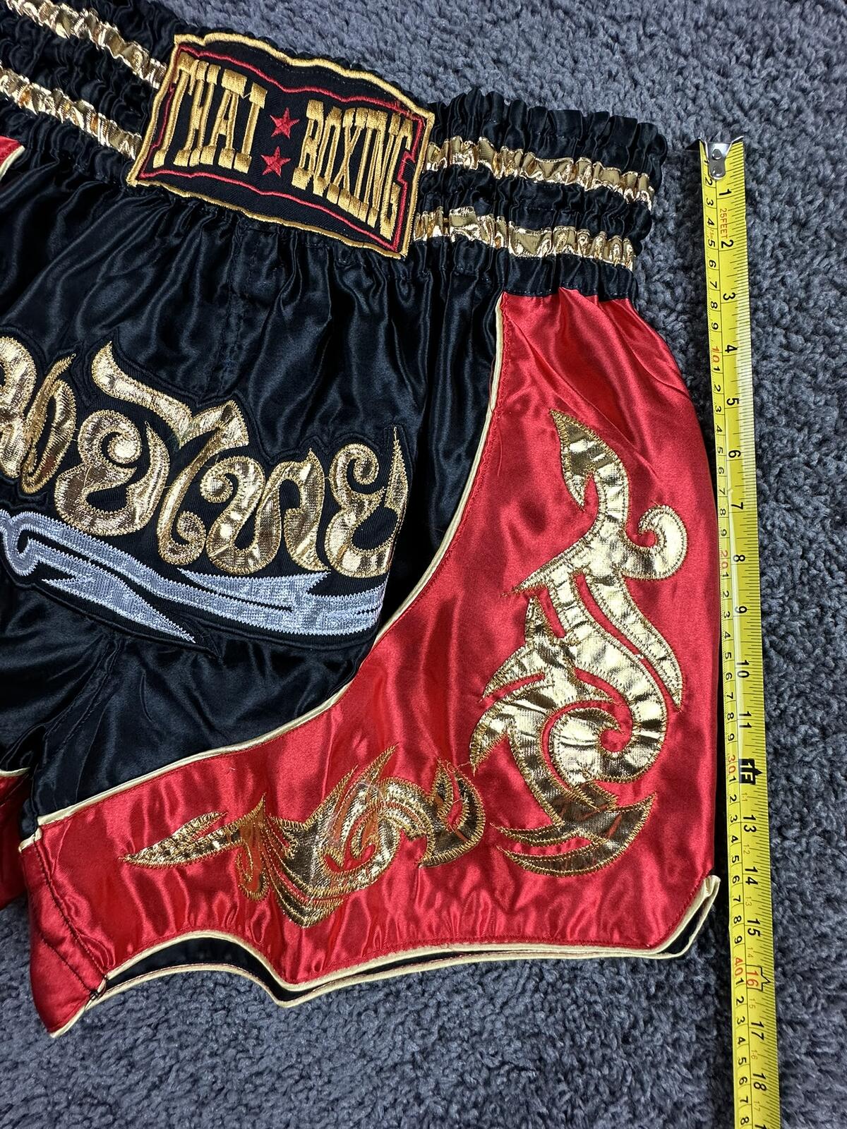 Muay Thai Shorts Thai Boxing Kickboxing Satin Red Black Gold MMA Fight Sz Medium