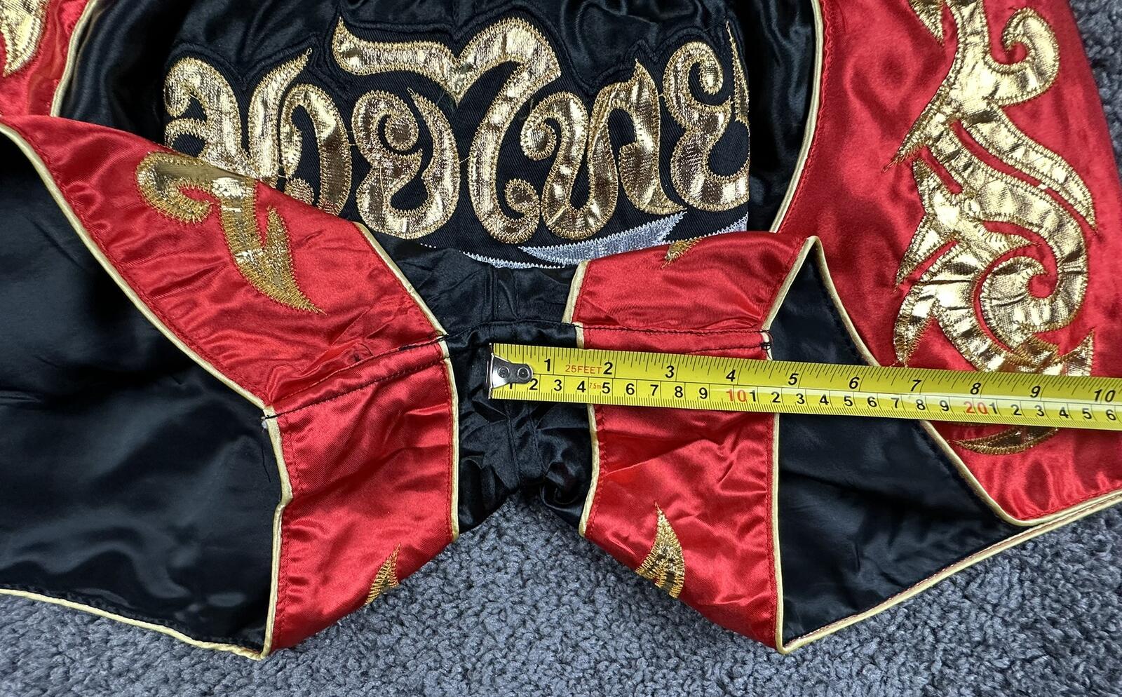 Muay Thai Shorts Thai Boxing Kickboxing Satin Red Black Gold MMA Fight Sz Medium