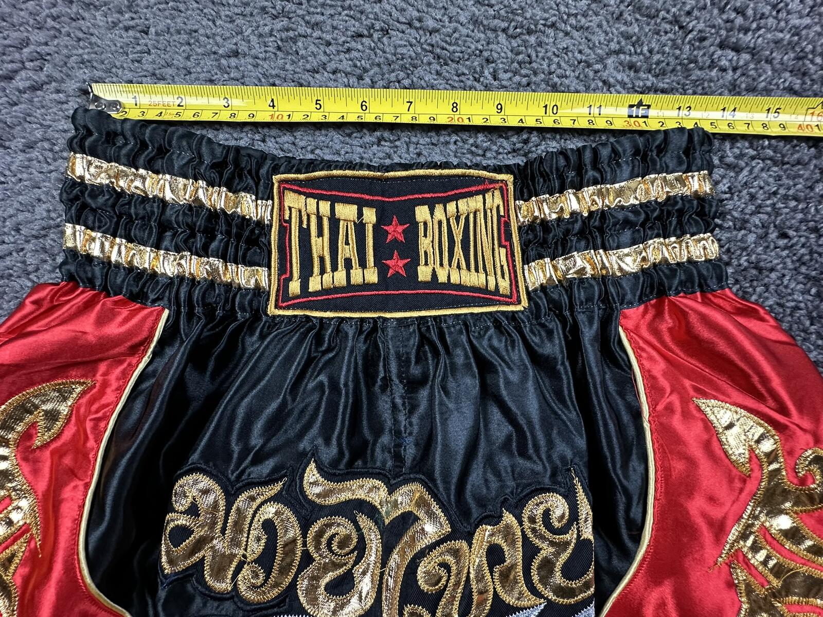 Muay Thai Shorts Thai Boxing Kickboxing Satin Red Black Gold MMA Fight Sz Medium