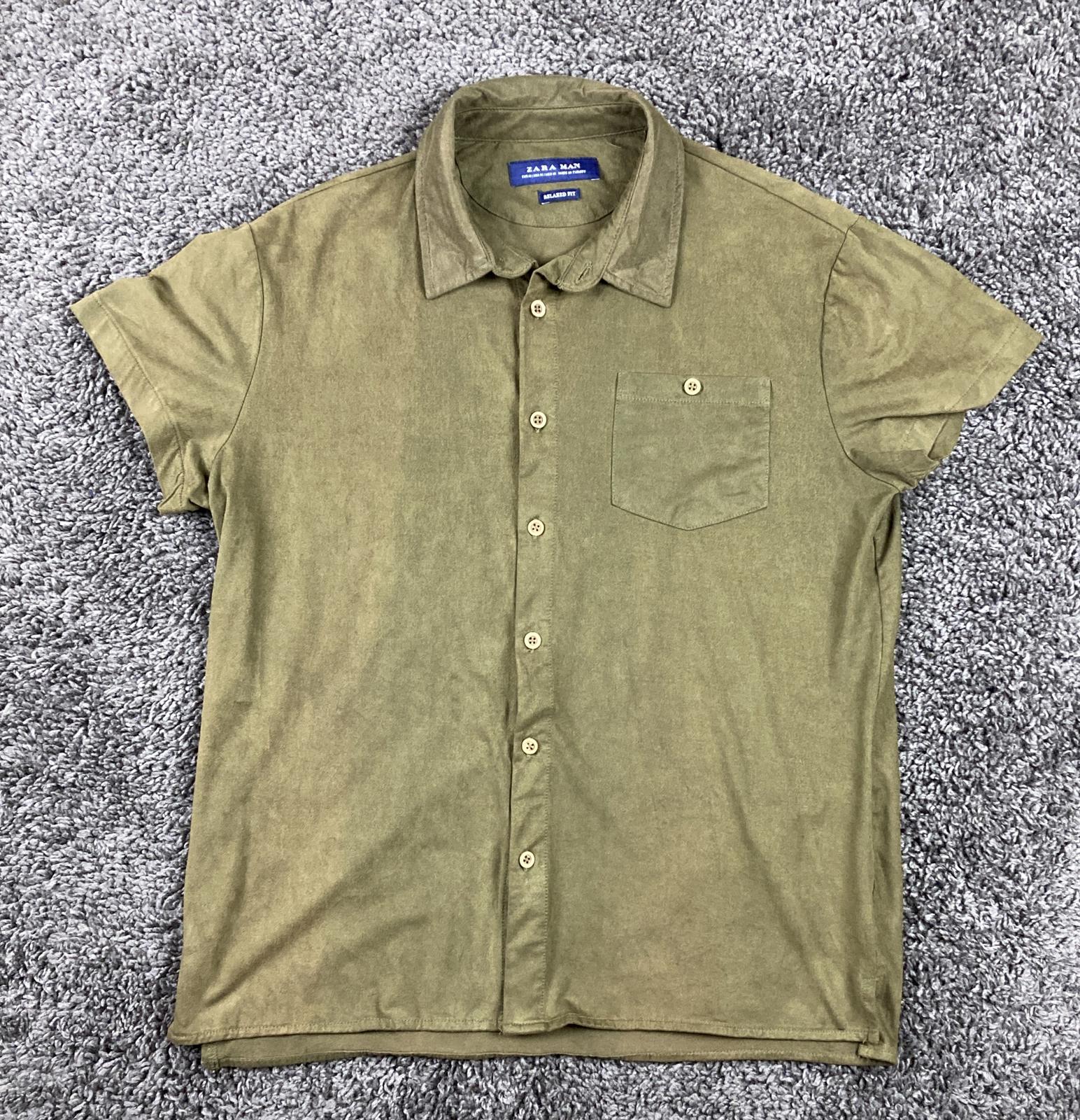Zara Man Relaxed Fit Faux Suede Stretch Shirt Mens Olive Green Short Sleeve Sz M