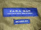 Zara Man Relaxed Fit Faux Suede Stretch Shirt Mens Olive Green Short Sleeve Sz M