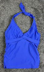 Athleta Tara Halter Tankini Swim Top Blue Underwire Twist Front Swimsuit 36 D/DD