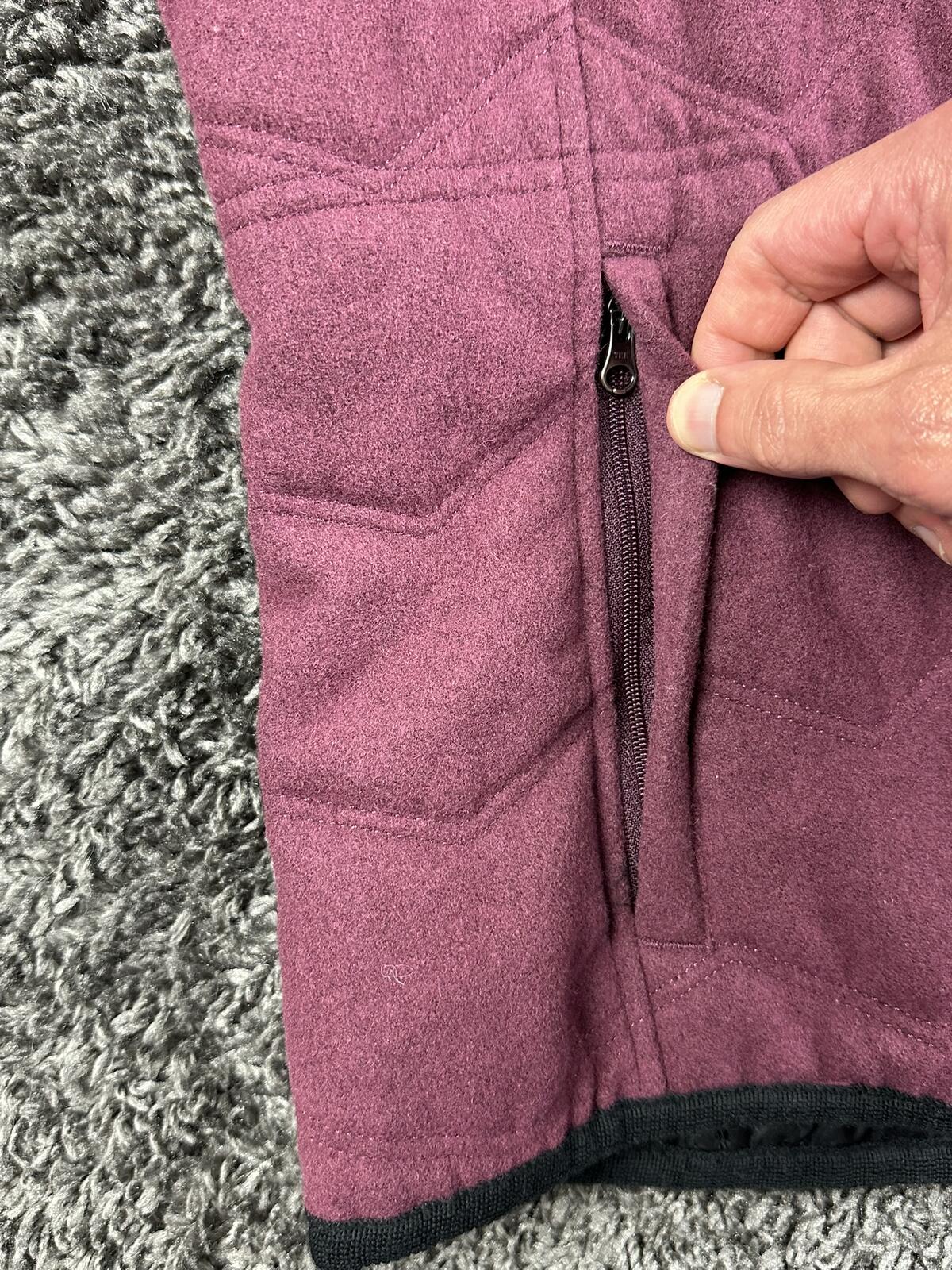 prAna Calla Wool Hooded Vest Womens Burgundy Quilted Faux Fur Trim Full Zip Sz M