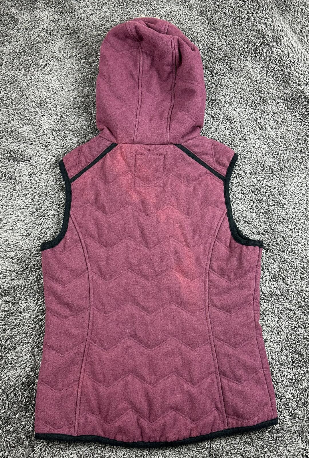 prAna Calla Wool Hooded Vest Womens Burgundy Quilted Faux Fur Trim Full Zip Sz M