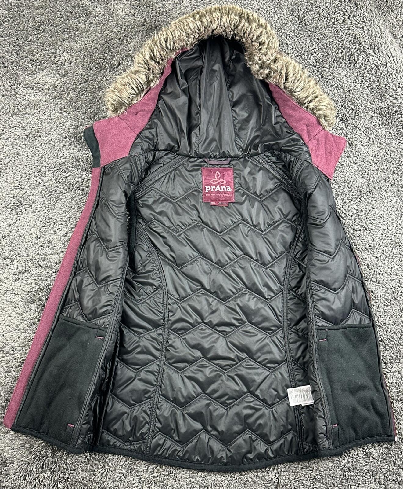 prAna Calla Wool Hooded Vest Womens Burgundy Quilted Faux Fur Trim Full Zip Sz M