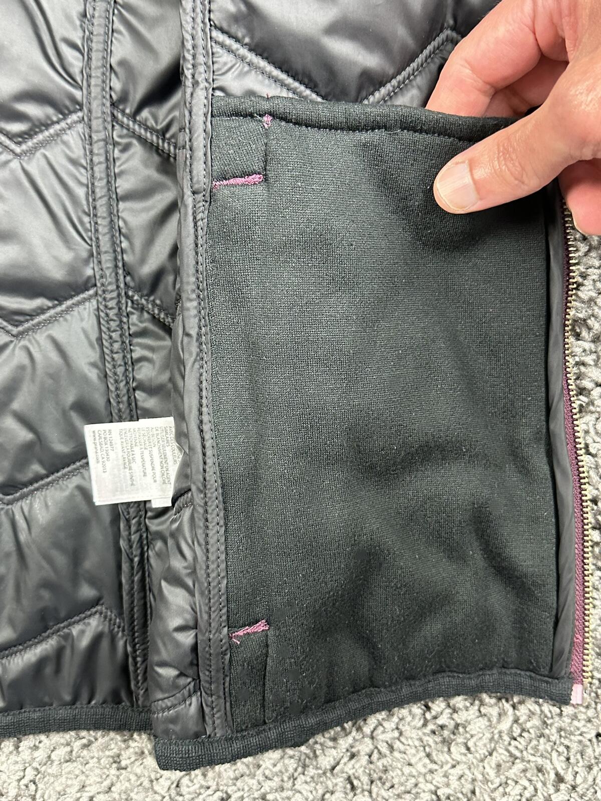 prAna Calla Wool Hooded Vest Womens Burgundy Quilted Faux Fur Trim Full Zip Sz M