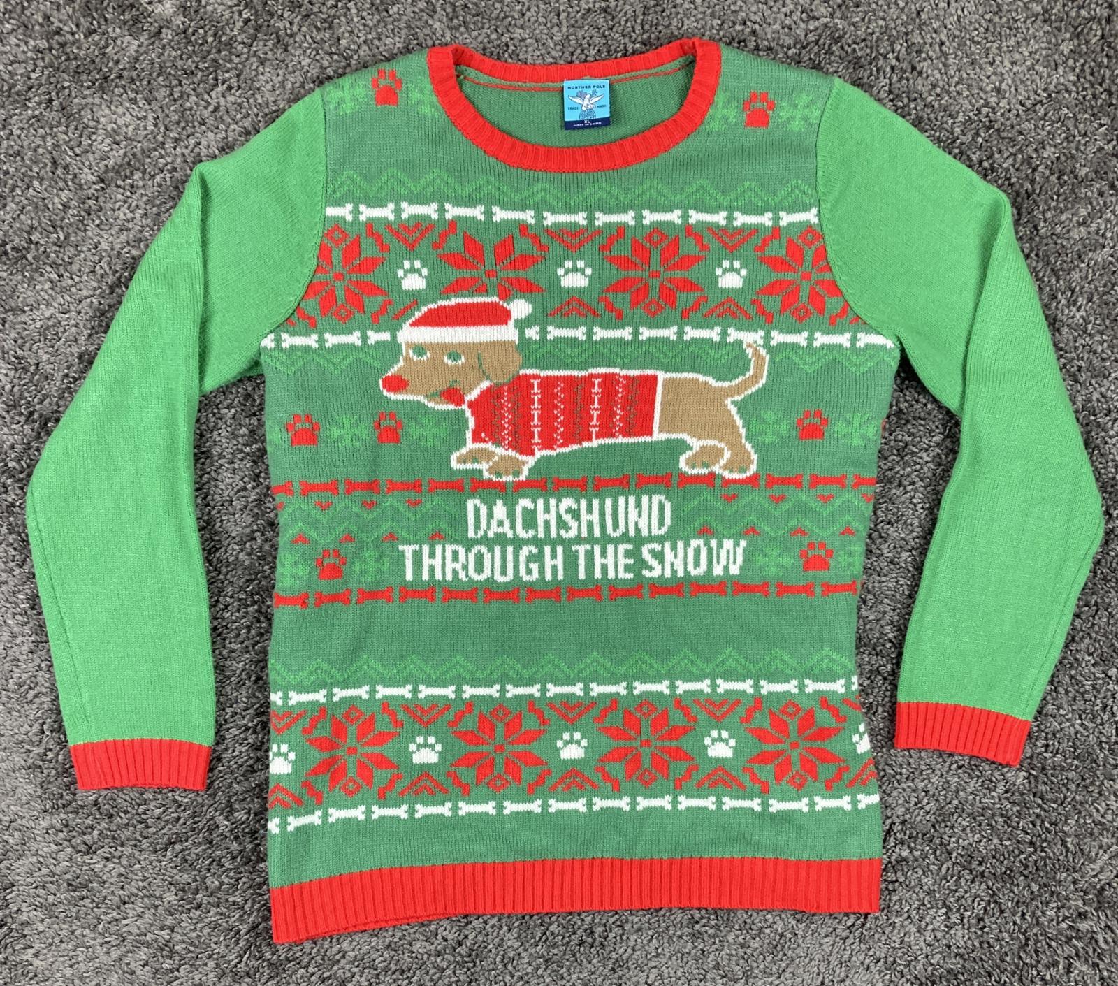 Norther Pole Ugly Christmas Sweater Women's Green Dachshund Through Snow Sz L