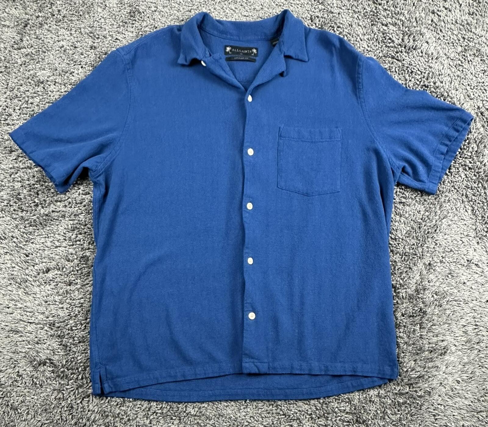 AllSaints Cudi Camp Shirt Mens Blue Short Sleeve Linen Blend Relaxed Fit Sz XL