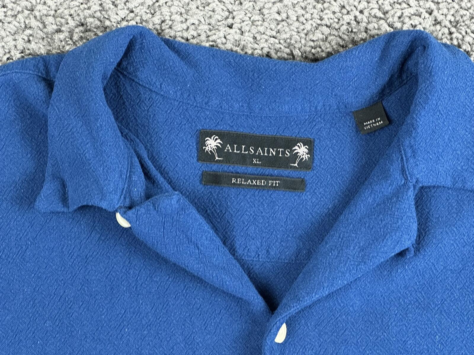 AllSaints Cudi Camp Shirt Mens Blue Short Sleeve Linen Blend Relaxed Fit Sz XL
