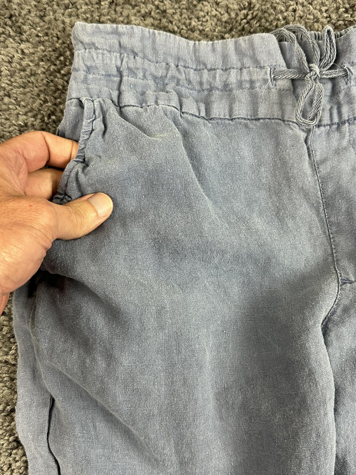 Cynthia Rowley 100% Linen Pants Women Blue Crop Wide Leg Elastic Waist Sz M