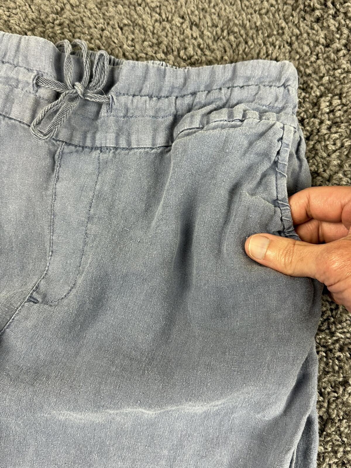 Cynthia Rowley 100% Linen Pants Women Blue Crop Wide Leg Elastic Waist Sz M
