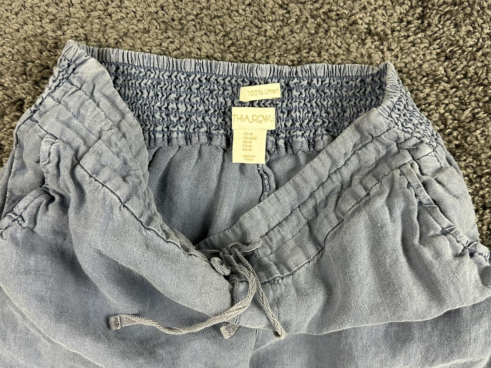 Cynthia Rowley 100% Linen Pants Women Blue Crop Wide Leg Elastic Waist Sz M