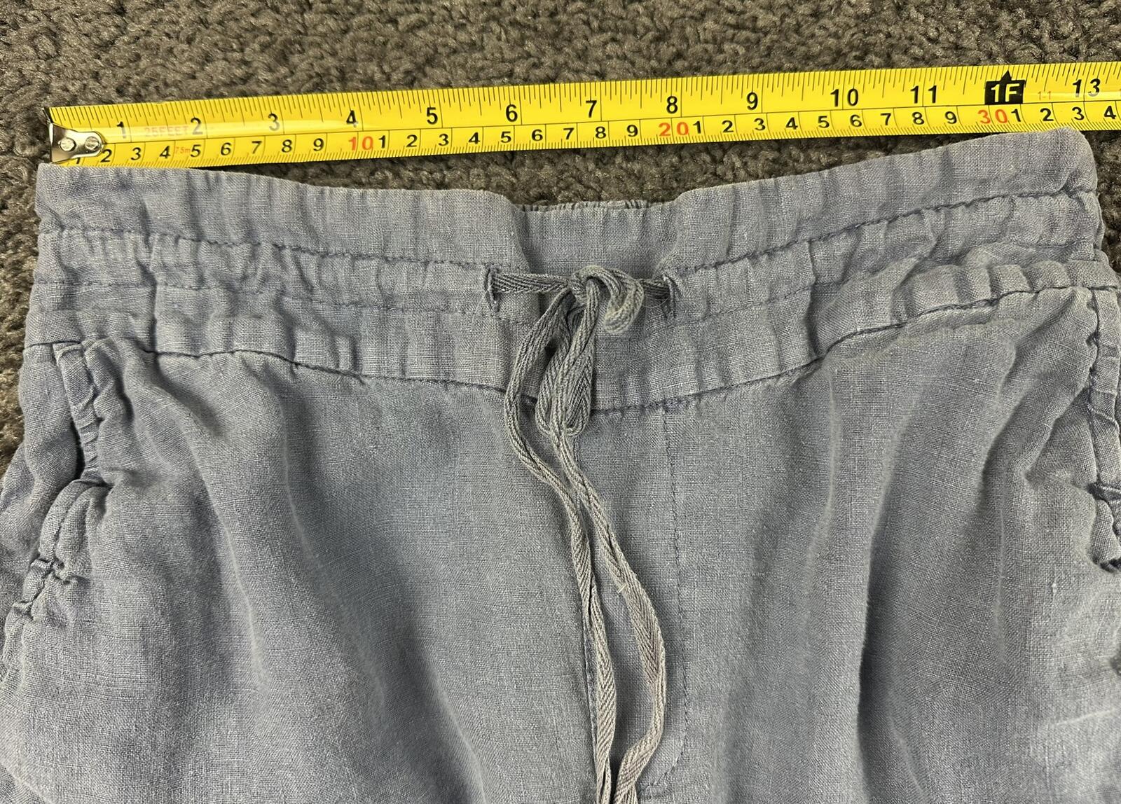 Cynthia Rowley 100% Linen Pants Women Blue Crop Wide Leg Elastic Waist Sz M