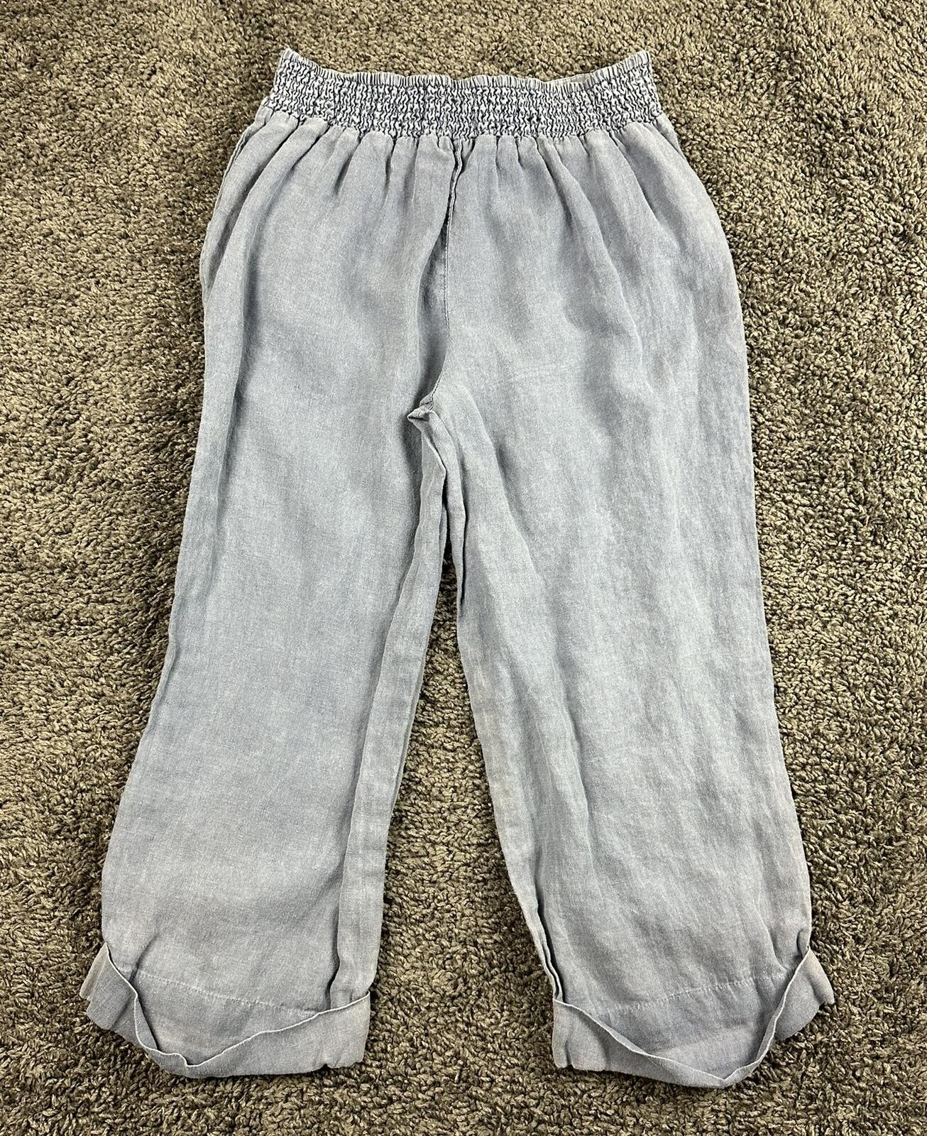 Cynthia Rowley 100% Linen Pants Women Blue Crop Wide Leg Elastic Waist Sz M