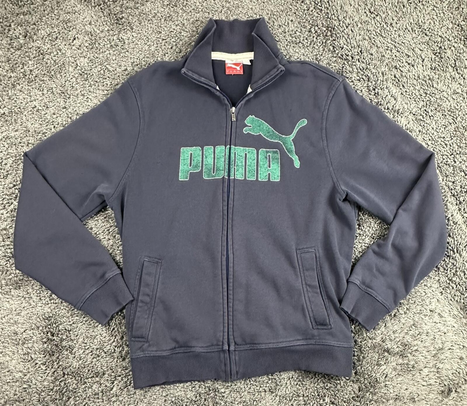 Vintage Puma Mens Full Zip Track Jacket Navy Blue Sweatshirt Green Logo Sz M